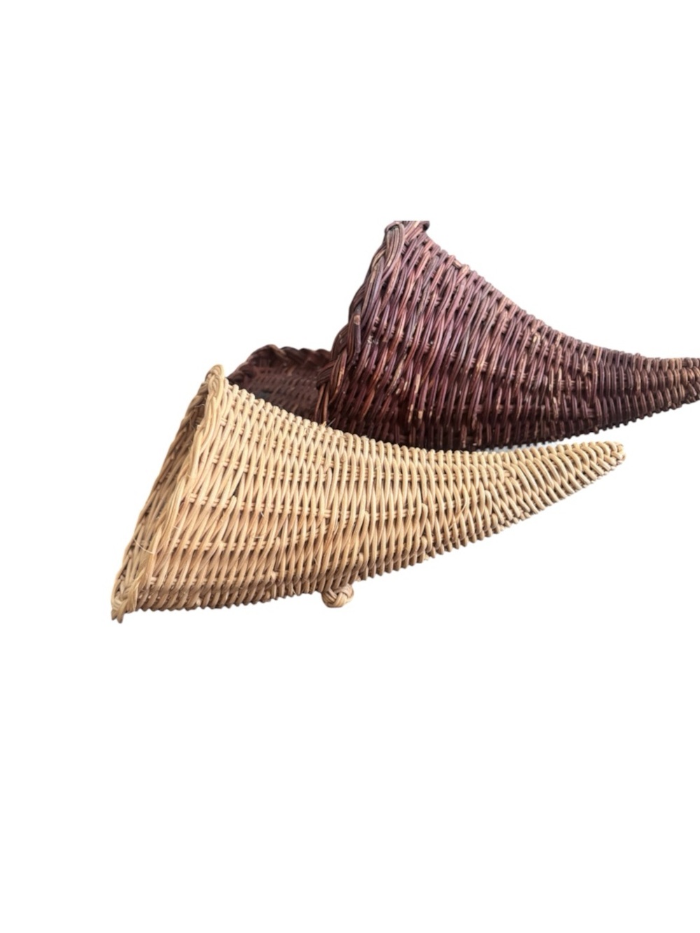 Vintage Wicker Cornucopia Baskets Pair • 2-Tone Fall Harvest Thanksgiving Decor